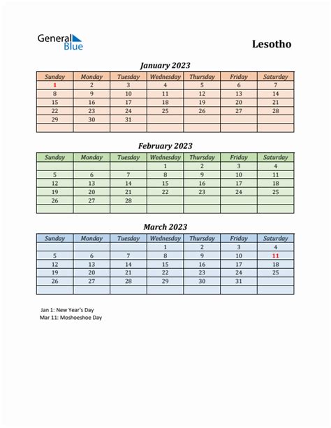 Q1 2023 Quarterly Calendar With Lesotho Holidays Pdf Excel Word