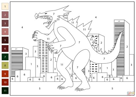 Godzilla Color by Number coloring page | Free Printable Coloring Pages