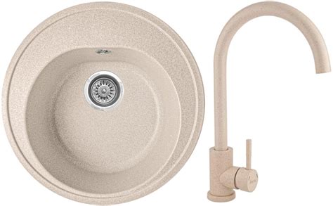 Мойка кухонна, каменная, круглая Valetti 5N 51x51см Бежевая + смеситель ...