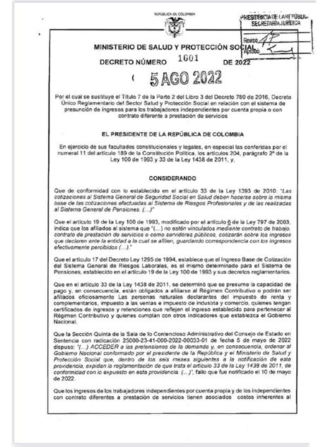 Decreto 1601 De 2022 Presunción Ingresos Pdf