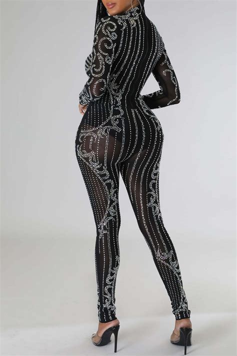 Black Sexy Solid Patchwork Hot Drill Half A Turtleneck Skinny Jumpsuits Jumpsuits