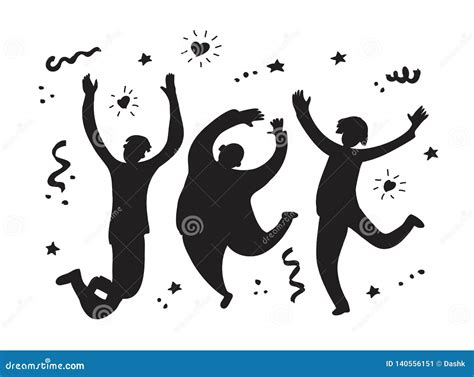 Happy Jumping Group People Silhouette Black And White Cartoon Vector ...