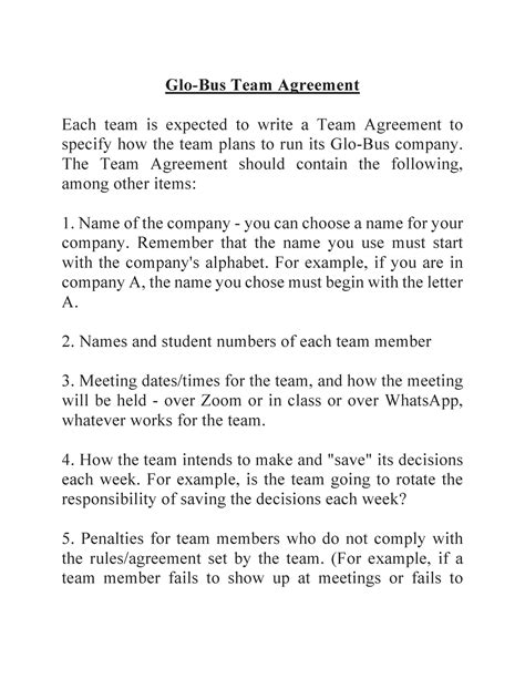 Glo-Bus Team Agreement - Glo-Bus Team Agreement Each team is expected