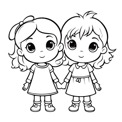 Dessin De Deux Petites Filles Coloriages Contour Croquis Vecteur Png