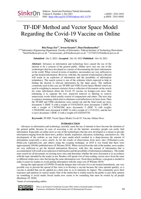 Pdf Tf Idf Method And Vector Space Model Regarding The Covid 19