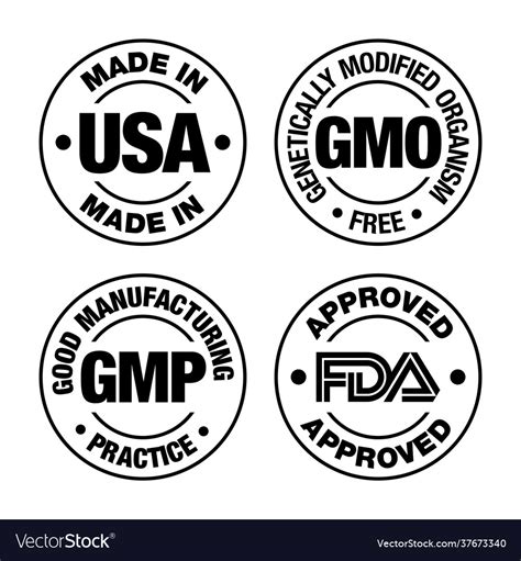 Four Product Badges Made In Usa Gmo Gmp Fda Vector Image