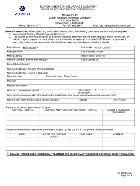 Fillable Online Proof Of Claim Expense Form Doc ZURICH AMERICAN