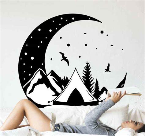 Autocolantes Decorativos De Natureza Montanhas E Noite De Lua Tenstickers