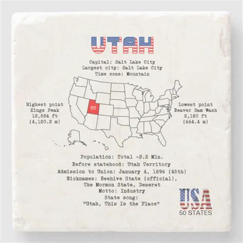 Utah American State On A Map And Useful Info Stone Coaster Zazzle