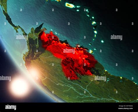 Satellite View Of Venezuela Highlighted In Red On Planet Earth With