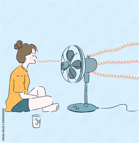 The Girl Is Sitting In Front Of The Electric Fan And Cooling The Heat