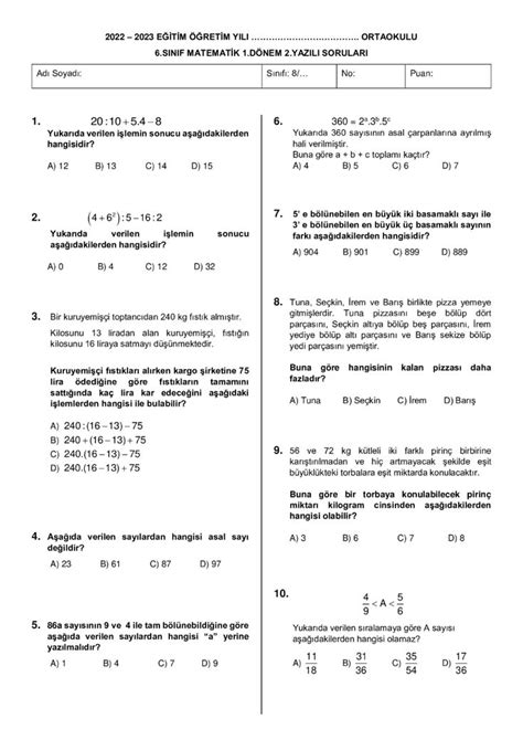 S N F Matematik D Nem Yaz L Sorular Oktan Se Meli Soru