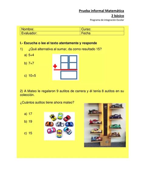 Prueba Informal Matem Tica A O B Sico Pie Profe Social