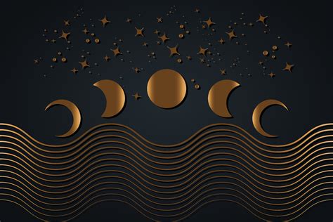 Celestial Moon phases, geometric waves, stars sky. Abstract ...