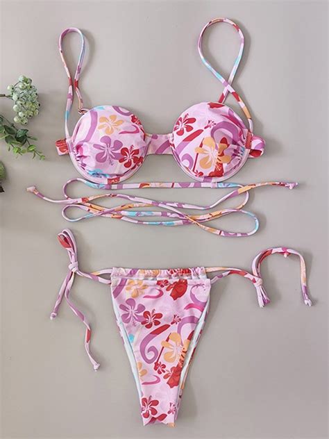 Emmiol Free Shipping 2023 Floral Print Underwire String Bikini Set Pink