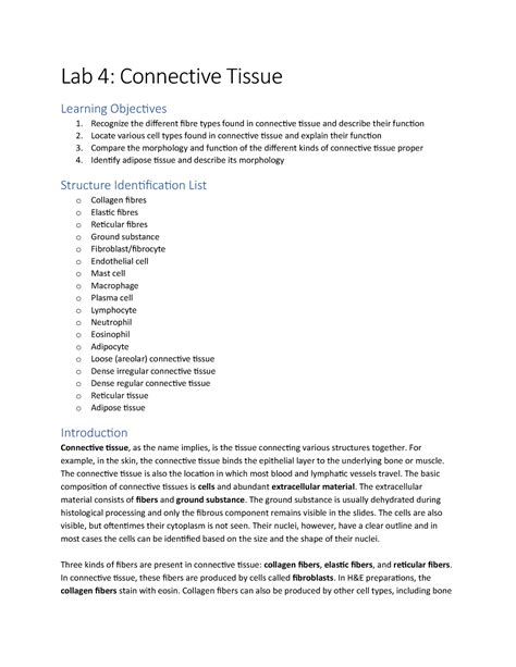 Lab 4 Manual — Connective Tissue Lab 4 Connective Tissue Learning