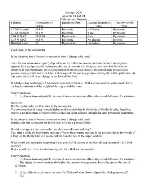 Diffusion And Osmosis Lab Worksheets Answers