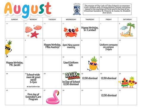 August Calendar of Events & School Supplies | Our Lady of Talpa School