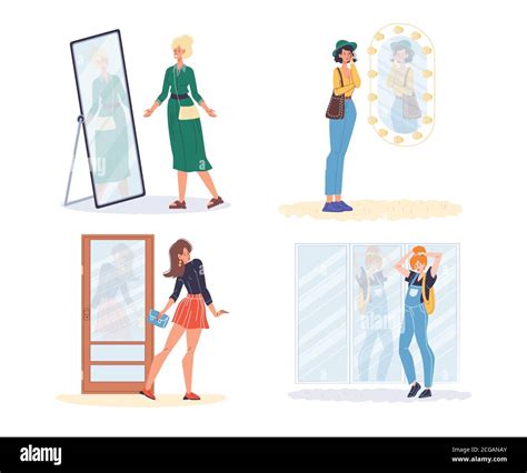 Woman Standing At Mirror Looking At Reflection Set Stock Vector Image