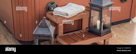 Hot Tub With Candles Ready To Take A Bath Valentines Day Concept BANNER LONG FORMAT Stock