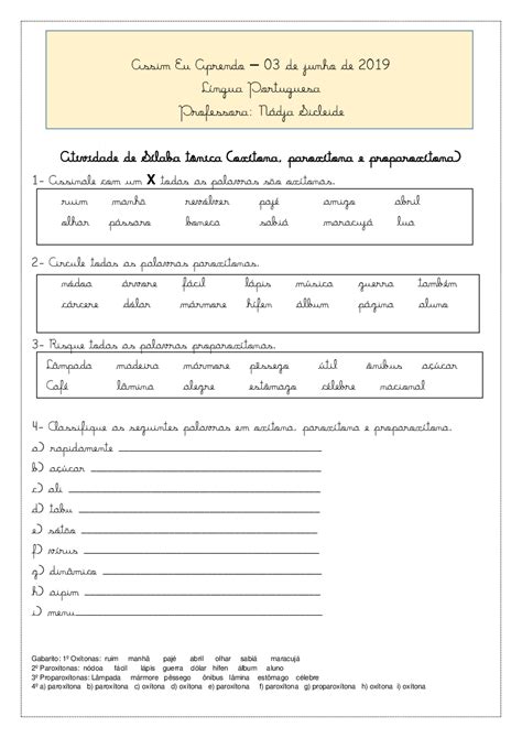 Oxítona Paroxítona Proparoxítona Exercícios Com Gabarito Pdf