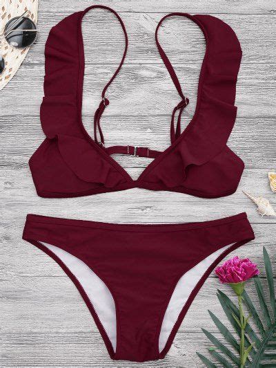 Padded Ruffle Strap Bikini Set BURGUNDY Bikinis M ZAFUL