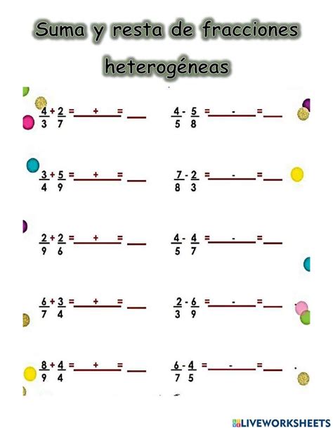 Suma y resta de fracciones heterogéneas online worksheet for cuarto