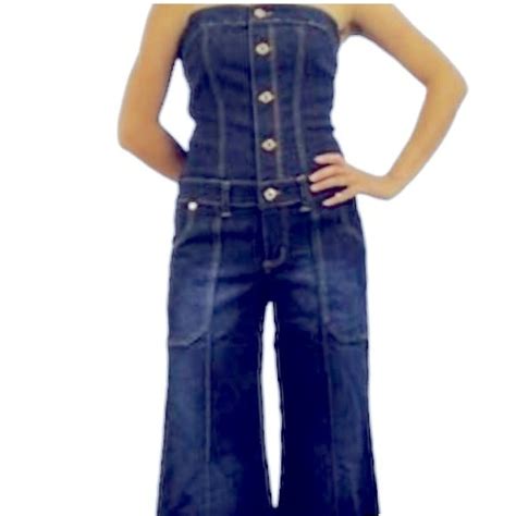 Y K Baby Phat Strapless Denim Jumpsuit Cuffed Wide Le Gem