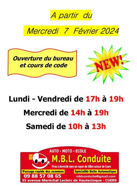 Nouveaux Horaires MBL Conduite