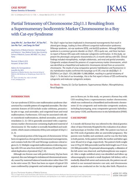 Pdf Partial Tetrasomy Of Chromosome 22q111 Resulting From A Supernumerary Isodicentric Marker