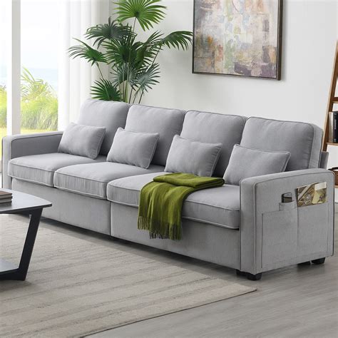104"L Upholstered Sofa,Modern 4-Seater Linen Fabric Sofa with Armrest ...