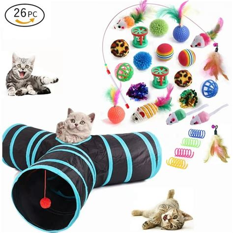 26 Pcs Cat Toys Set with Tunnel, Interactive Teaser, Crinkle Ball ...