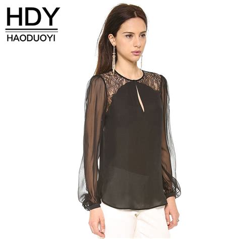 Hdy Haoduoyi Fashion Solid Color Women Shirts Long Sleeve O Neck Lace