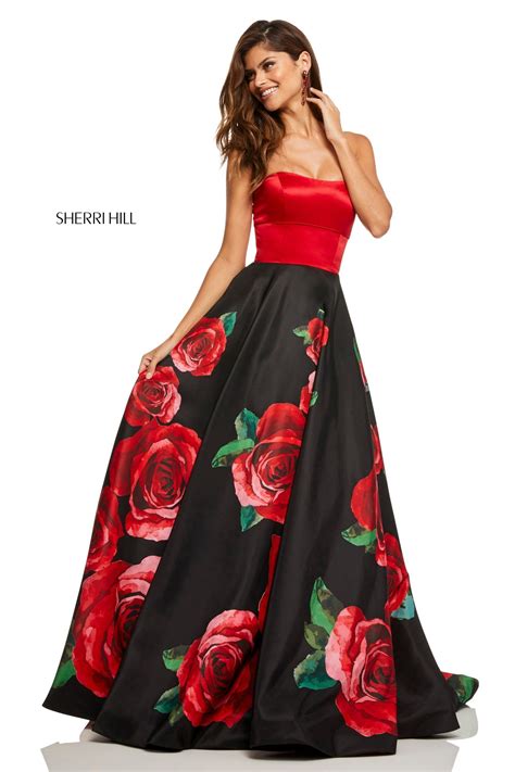 Sherri Hill 52722 Strapless Satin Rose Print Dress Rose Prom Dress