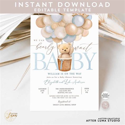 Editable Teddy Bear Hot Air Balloon Bear Theme Baby Shower Etsy Artofit