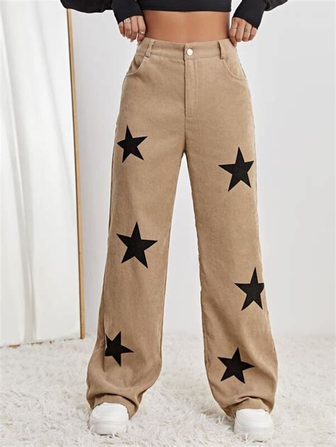 Shein Coolane Pantalones Rectos Con Estampado De Estrella De Talle Alto