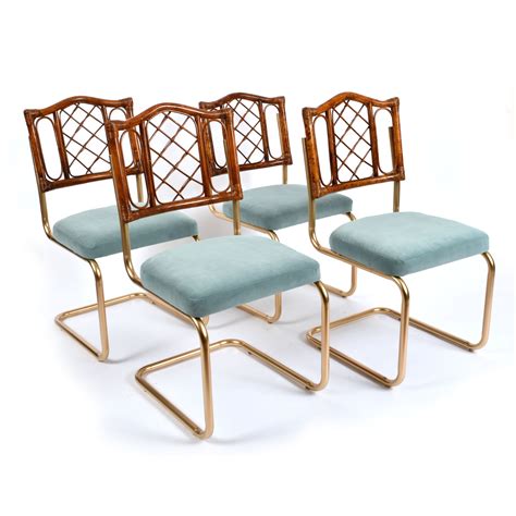 Vintage 1970s Rattan And Gold Dining Chairs With Blue Velvet Seats