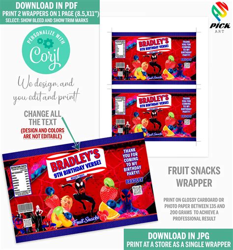 Editable Fruit Snack Wrapper Editable Candy Wrappers Etsy