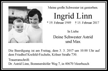 Traueranzeigen Von Ingrid Linn Trauer Und Gedenken