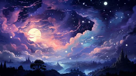 An Artistic Painting of a Night Sky with Stars and Clouds Stock Illustration - Illustration of ...