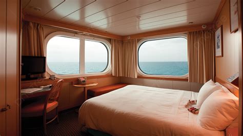 Cruise Ship Cabin With A Huge Window Over The Sea Background Carnival