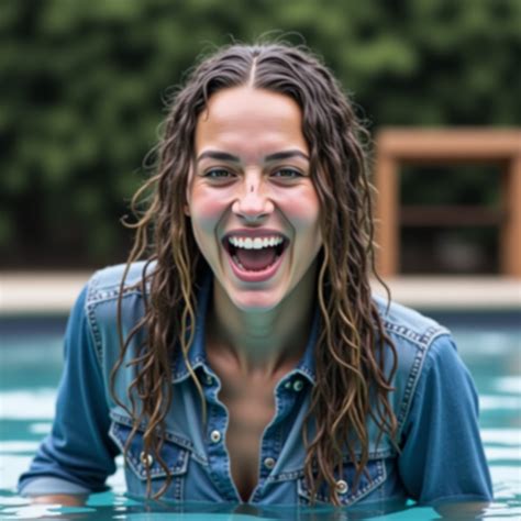 Soaking Wet Year Old Woman Very Slightly Chubby With Short Messy Blonde And Grey Hair And