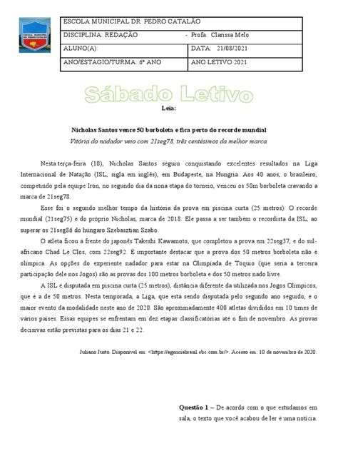 Interpretacao de Texto Noticia 5o Ano Modelo Editavel | PDF
