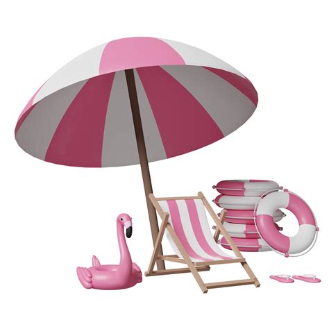 Summer Sea Beach With Beach Chair Umbrella Inflatable Flamingo Pile Of Stacked Lifebuoy