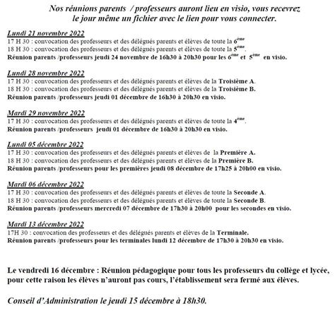 Dates Et Horaires Des Conseils De Classe Du 1er Trimestre Collège Et