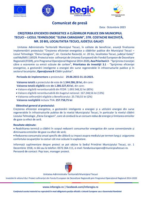 Comunicat de presă CREȘTEREA EFICIENȚEI ENERGETICE A CLĂDIRILOR PUBLICE