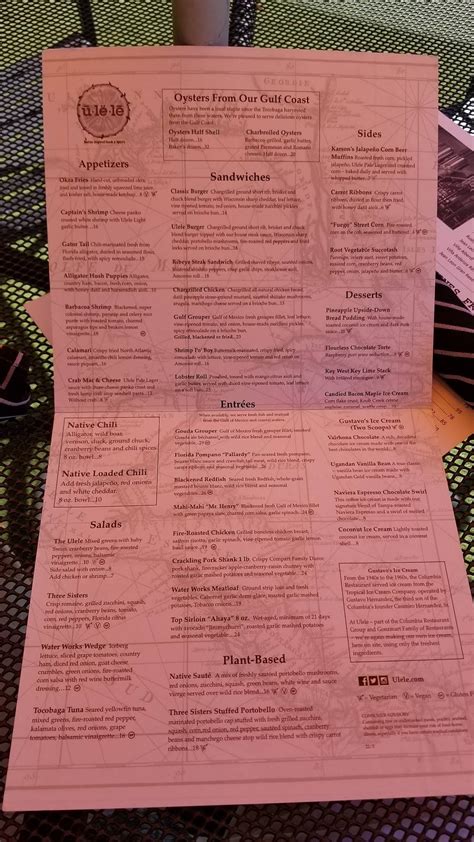 Menu at Ulele restaurant, Tampa, N Highland Ave