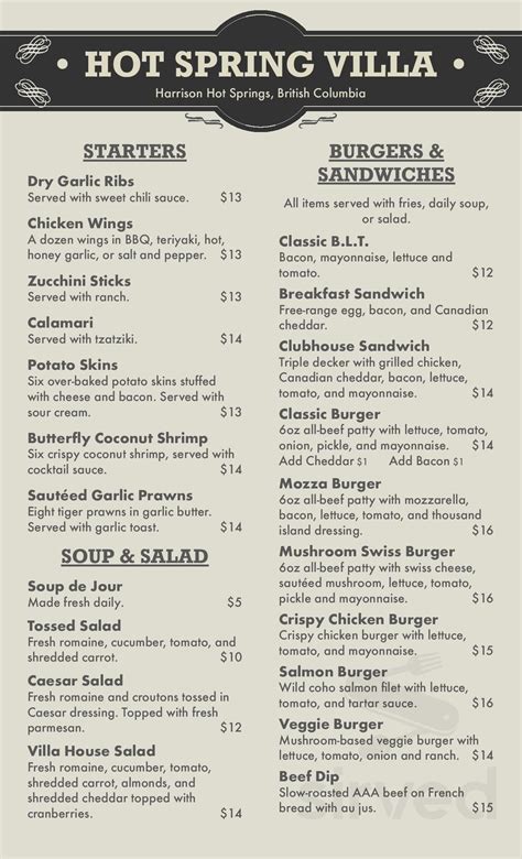 The Hot Spring Villa Hotel Restaurant Menu In Harrison Hot Springs British Columbia Canada