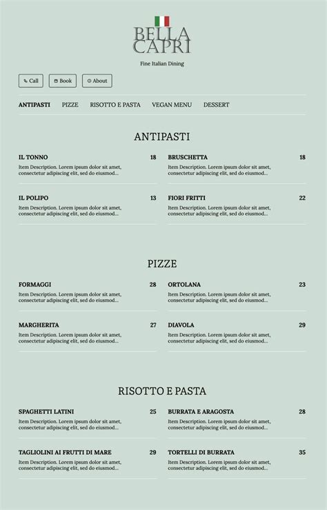 Free Italian Fine Dining Menu Template | Menuzen