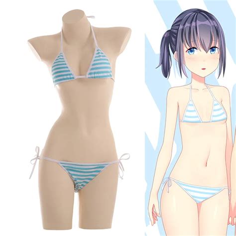 Anime Miku Kawaii Mini Bikini Cosplay Blue White Striped Micro Bikini